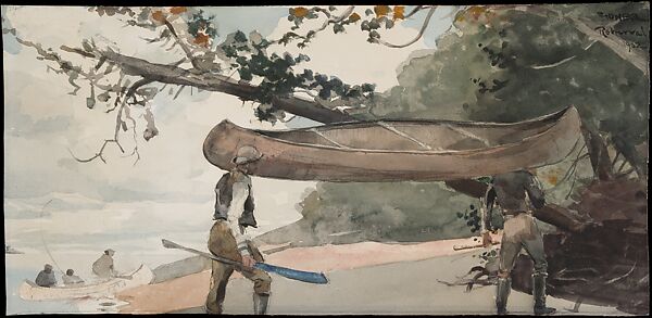 Guides Carrying a Canoe, Winslow Homer (American, Boston, Massachusetts 1836–1910 Prouts Neck, Maine), Watercolor on paper, American 