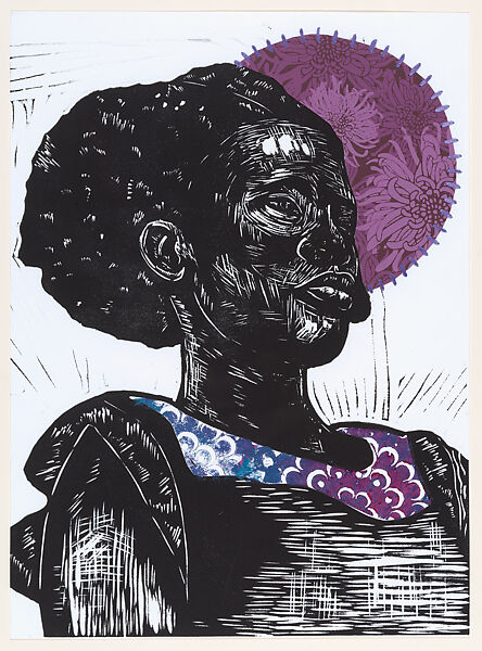 Star Watcher, Delita Martin (American, born Conroe, Texas, 1972), Linocut, hand stitching, decorative paper collage 