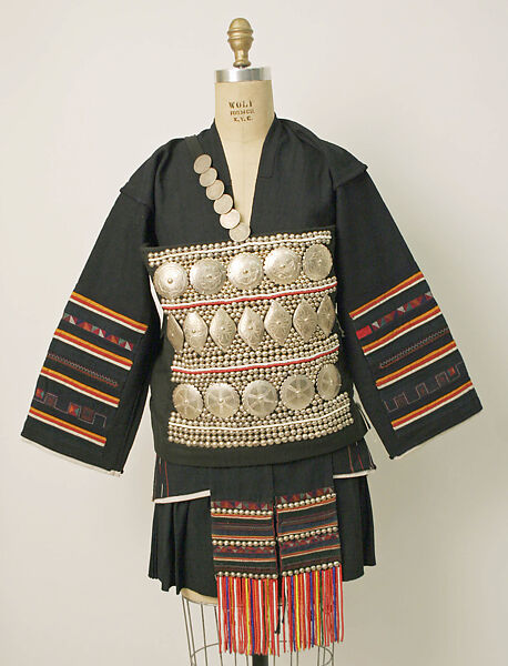 Ensemble, cotton, silk, silver, glass, Thailand (Akha) 