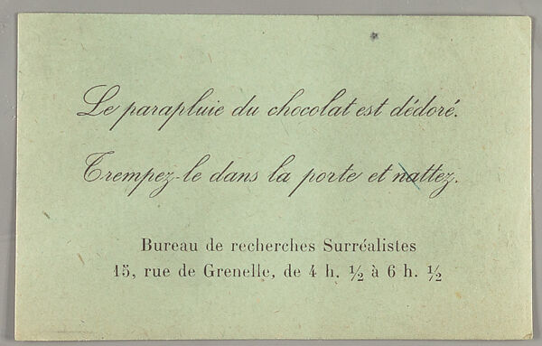 Le parapluie du chocolat est dédoré : trempez-le dans la porte et nattez, Bureau de recherches surréalistes 