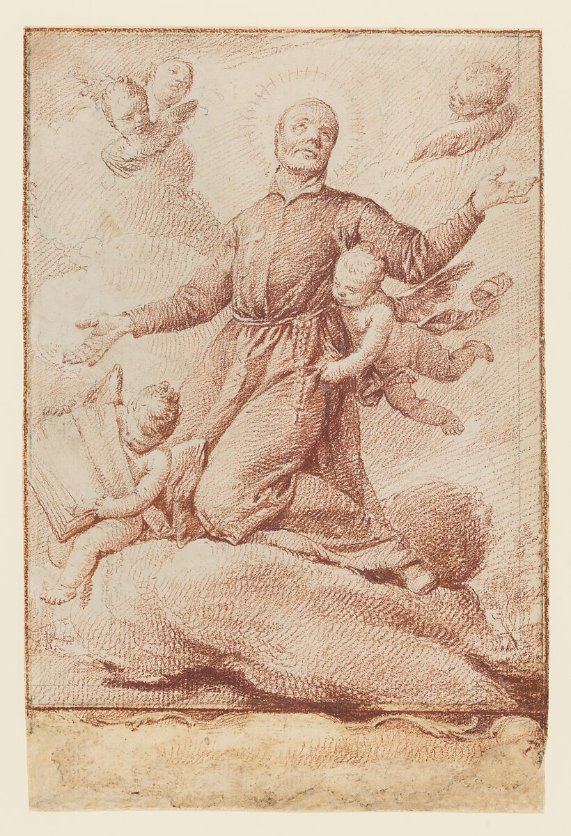 Saint Ignatius with Putti, Anonymous, Italian, 18th century, Dark red (crayon-like) chalk over traces of black chalk 