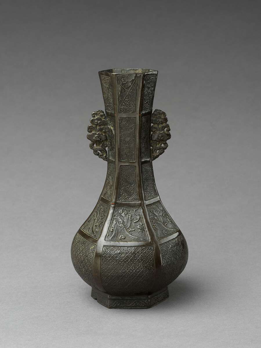 Hexagonal flower vase with magic fungus handles, Copper alloy, China