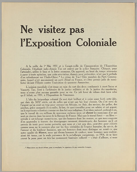 Ne visitez pas l'Exposition Coloniale, André Breton (French, Tinchebray 1896–1966 Paris) 