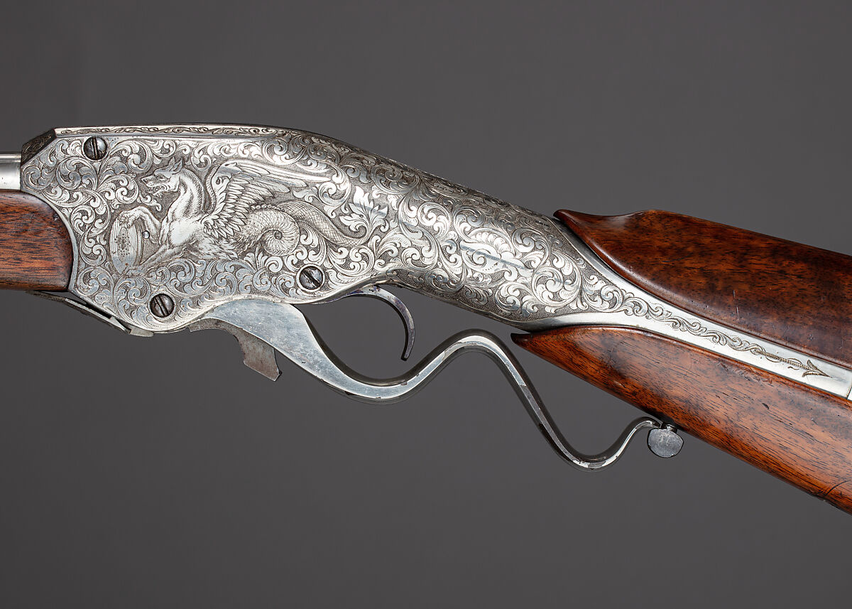 Evans Repeating Rifle Co. Transition Model Lever Action Musket, Manufactured by Evans Repeating Rifle Company (American, Mechanic Falls, Maine 1873–1881), Wood, steel, nickel, American, Mechanic Falls, Maine and New York