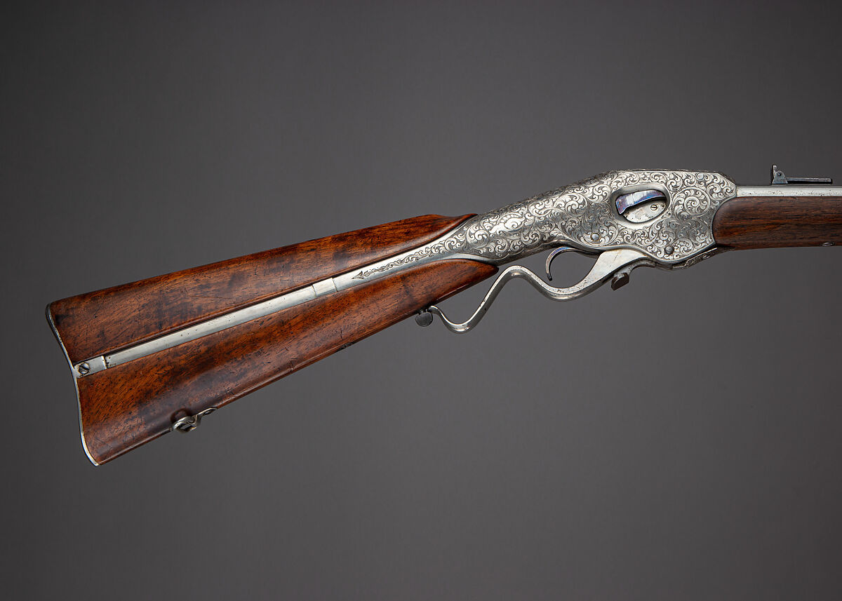 Evans Repeating Rifle Co. Transition Model Lever Action Musket, Manufactured by Evans Repeating Rifle Company (American, Mechanic Falls, Maine 1873–1881), Wood, steel, nickel, American, Mechanic Falls, Maine and New York