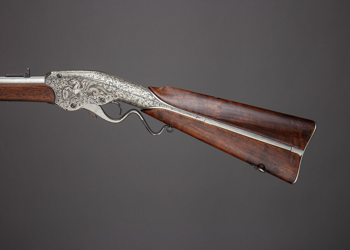 Evans Repeating Rifle Co. Transition Model Lever Action Musket, Manufactured by Evans Repeating Rifle Company (American, Mechanic Falls, Maine 1873–1881), Wood, steel, nickel, American, Mechanic Falls, Maine and New York