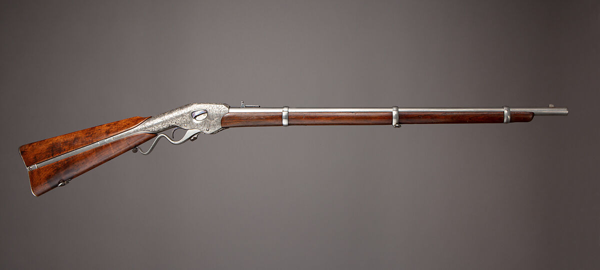 Evans Repeating Rifle Co. Transition Model Lever Action Musket, Manufactured by Evans Repeating Rifle Company (American, Mechanic Falls, Maine 1873–1881), Wood, steel, nickel, American, Mechanic Falls, Maine and New York