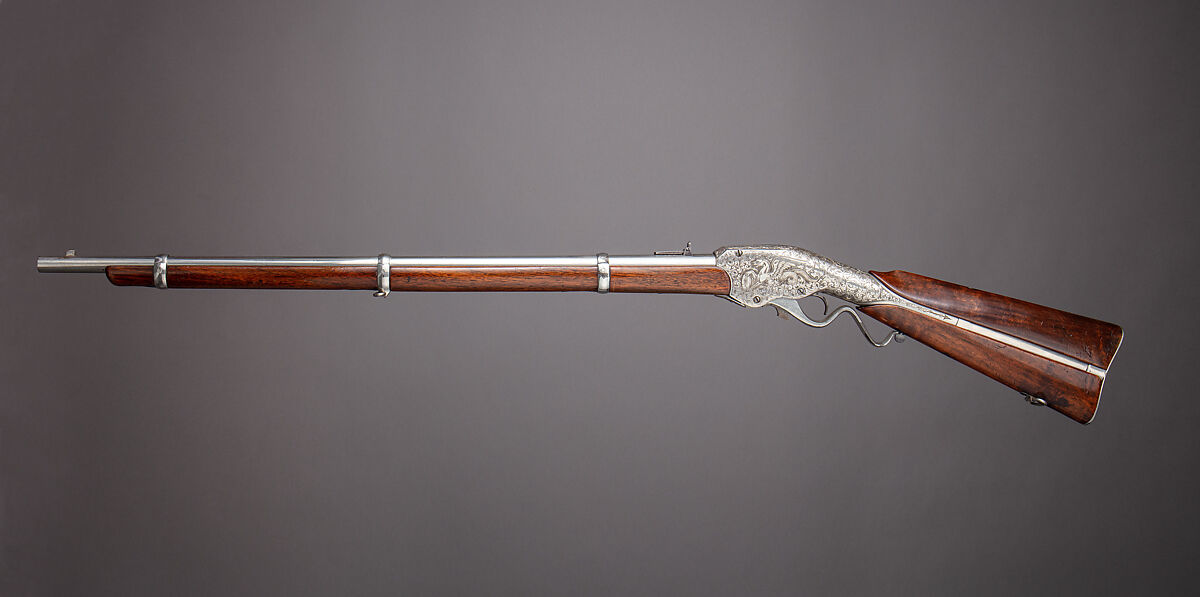 Evans Repeating Rifle Co. Transition Model Lever Action Musket, Manufactured by Evans Repeating Rifle Company (American, Mechanic Falls, Maine 1873–1881), Wood, steel, nickel, American, Mechanic Falls, Maine and New York 
