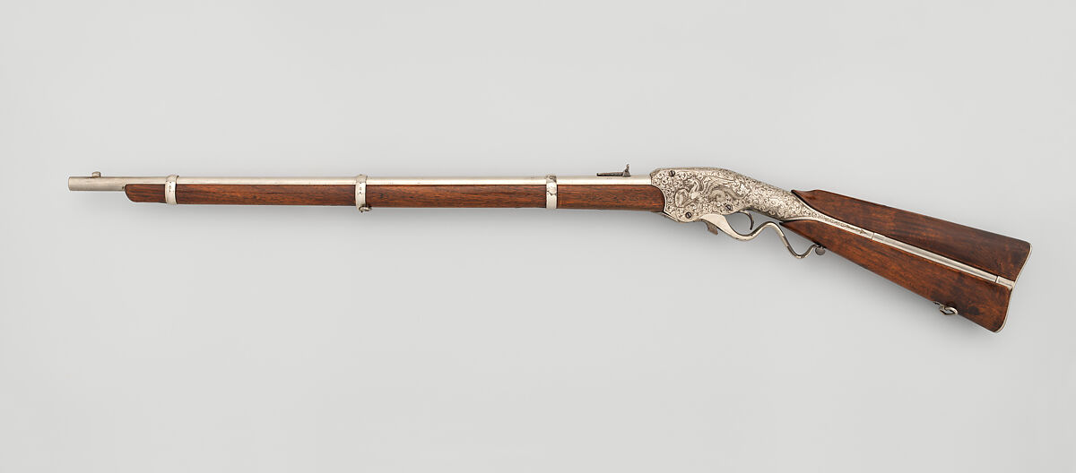 Evans Repeating Rifle Co. Transition Model Lever Action Musket, Manufactured by Evans Repeating Rifle Company (American, Mechanic Falls, Maine 1873–1881), Wood, steel, nickel, American, Mechanic Falls, Maine and New York