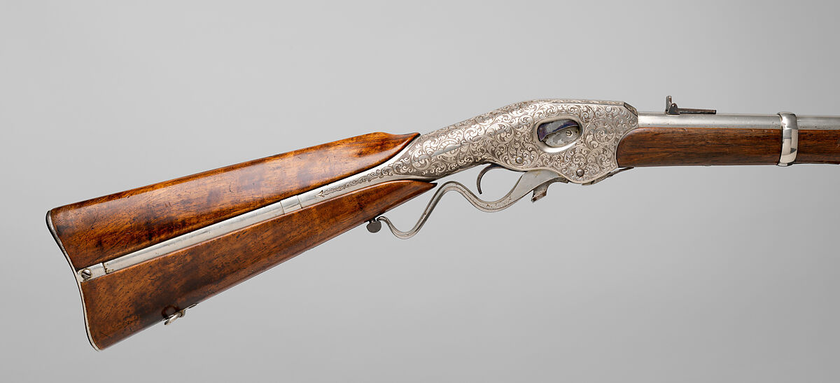 Evans Repeating Rifle Co. Transition Model Lever Action Musket, Manufactured by Evans Repeating Rifle Company (American, Mechanic Falls, Maine 1873–1881), Wood, steel, nickel, American, Mechanic Falls, Maine and New York