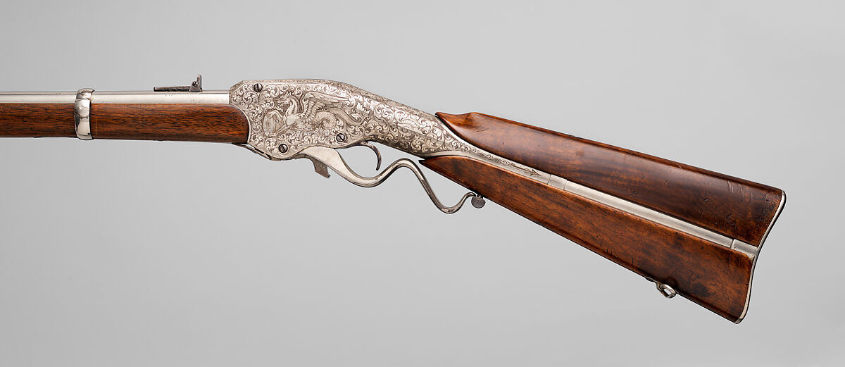Evans Repeating Rifle Co. Transition Model Lever Action Musket, Manufactured by Evans Repeating Rifle Company (American, Mechanic Falls, Maine 1873–1881), Wood, steel, nickel, American, Mechanic Falls, Maine and New York