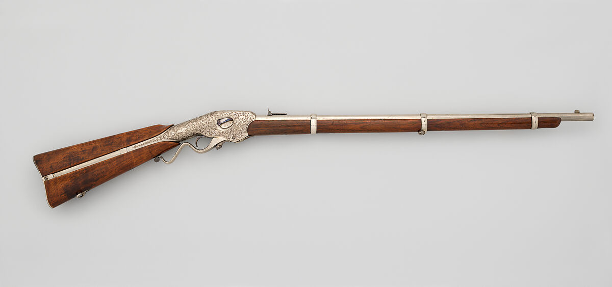 Evans Repeating Rifle Co. Transition Model Lever Action Musket, Manufactured by Evans Repeating Rifle Company (American, Mechanic Falls, Maine 1873–1881), Wood, steel, nickel, American, Mechanic Falls, Maine and New York