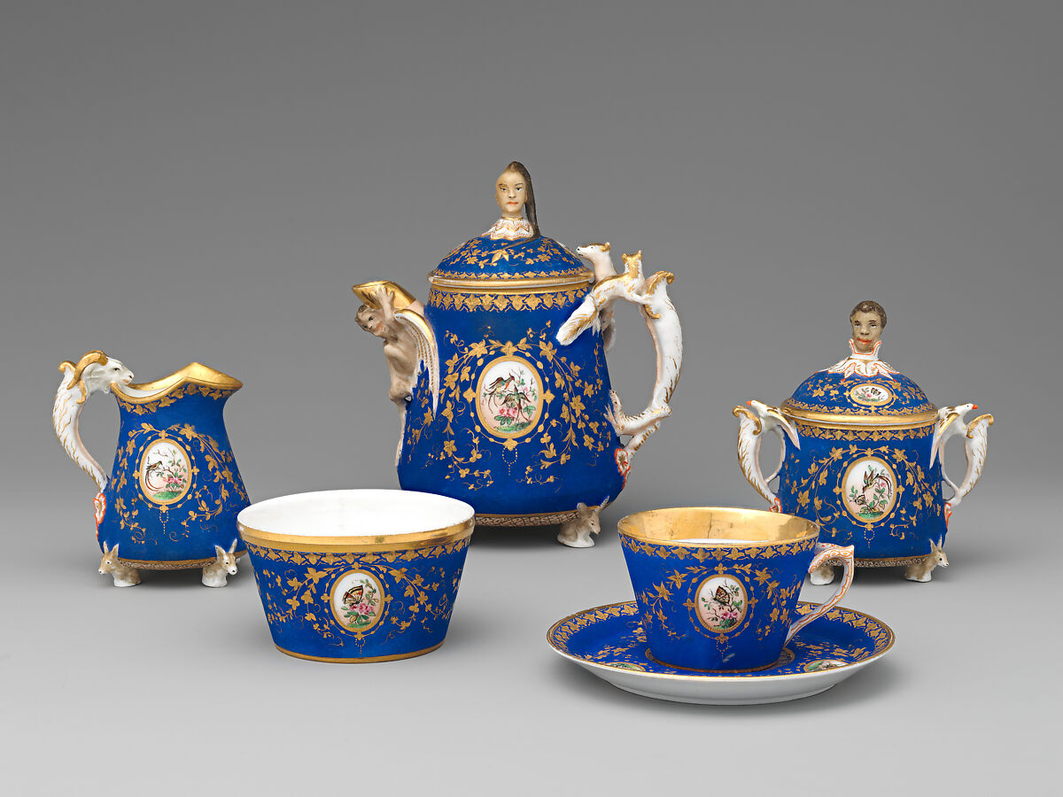 Partial tea set (teapot, sugar bowl, cream pitcher, slop bowl), Union Porcelain Works (1863–1922), Porcelain; allover blue ground with delicate gilded and enamel decoration 