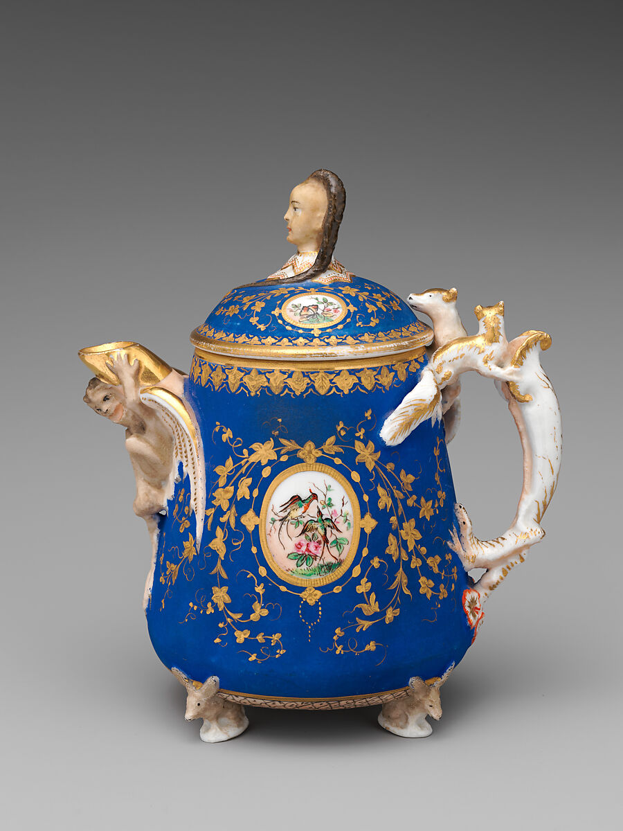 Partial tea set (teapot, sugar bowl, cream pitcher, slop bowl), Union Porcelain Works (American, 1863–1922), Porcelain; allover blue ground with delicate gilded and enamel decoration