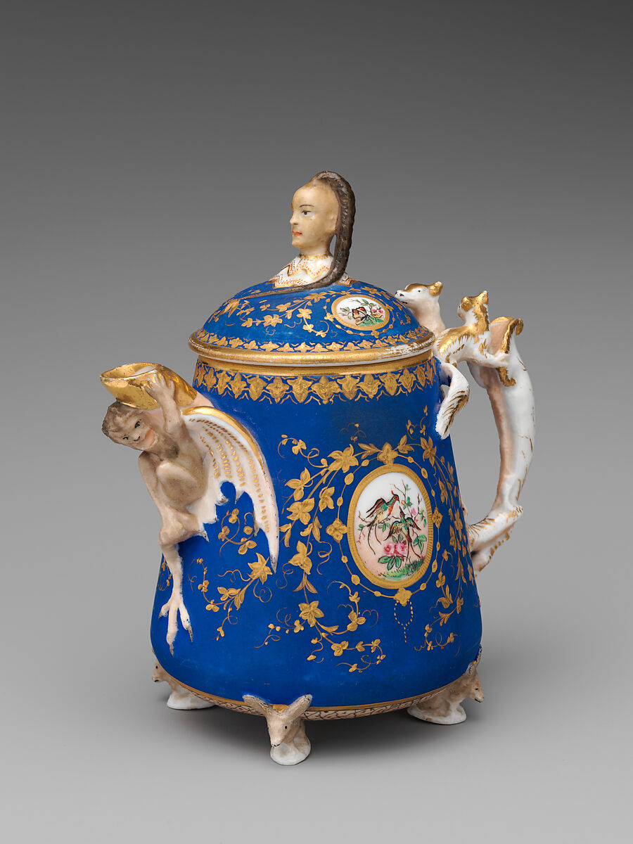Partial tea set (teapot, sugar bowl, cream pitcher, slop bowl), Union Porcelain Works (American, 1863–1922), Porcelain; allover blue ground with delicate gilded and enamel decoration