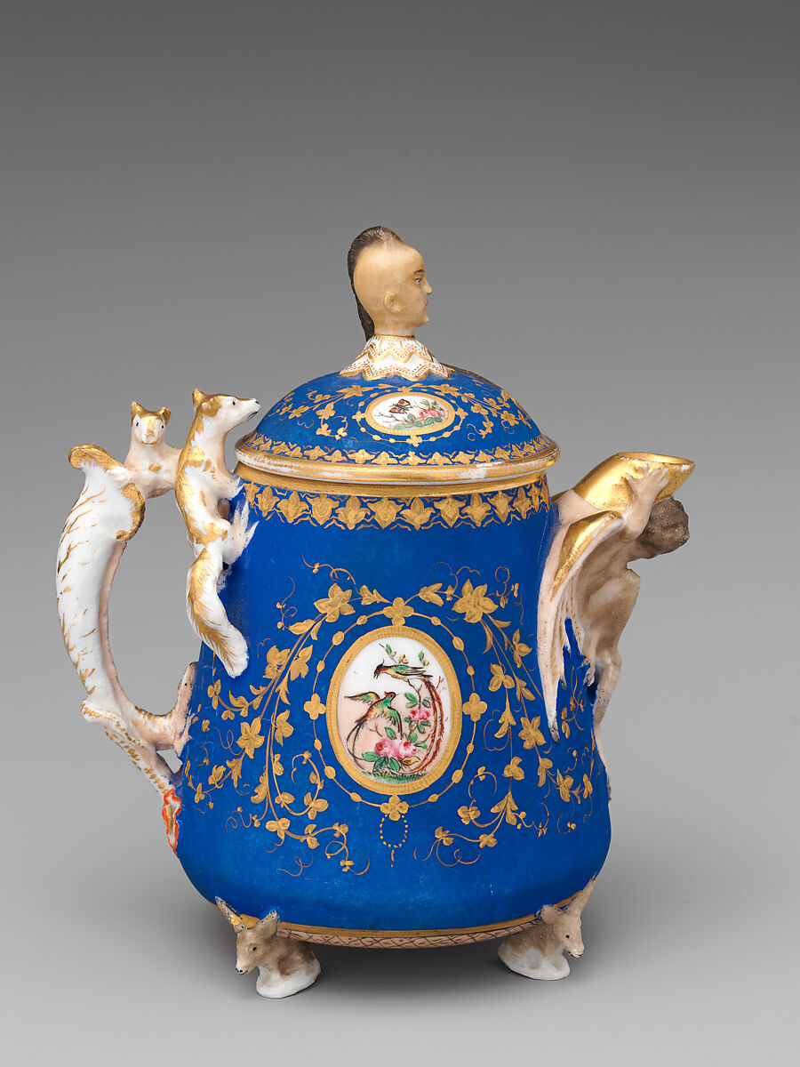Partial tea set (teapot, sugar bowl, cream pitcher, slop bowl), Union Porcelain Works (American, 1863–1922), Porcelain; allover blue ground with delicate gilded and enamel decoration