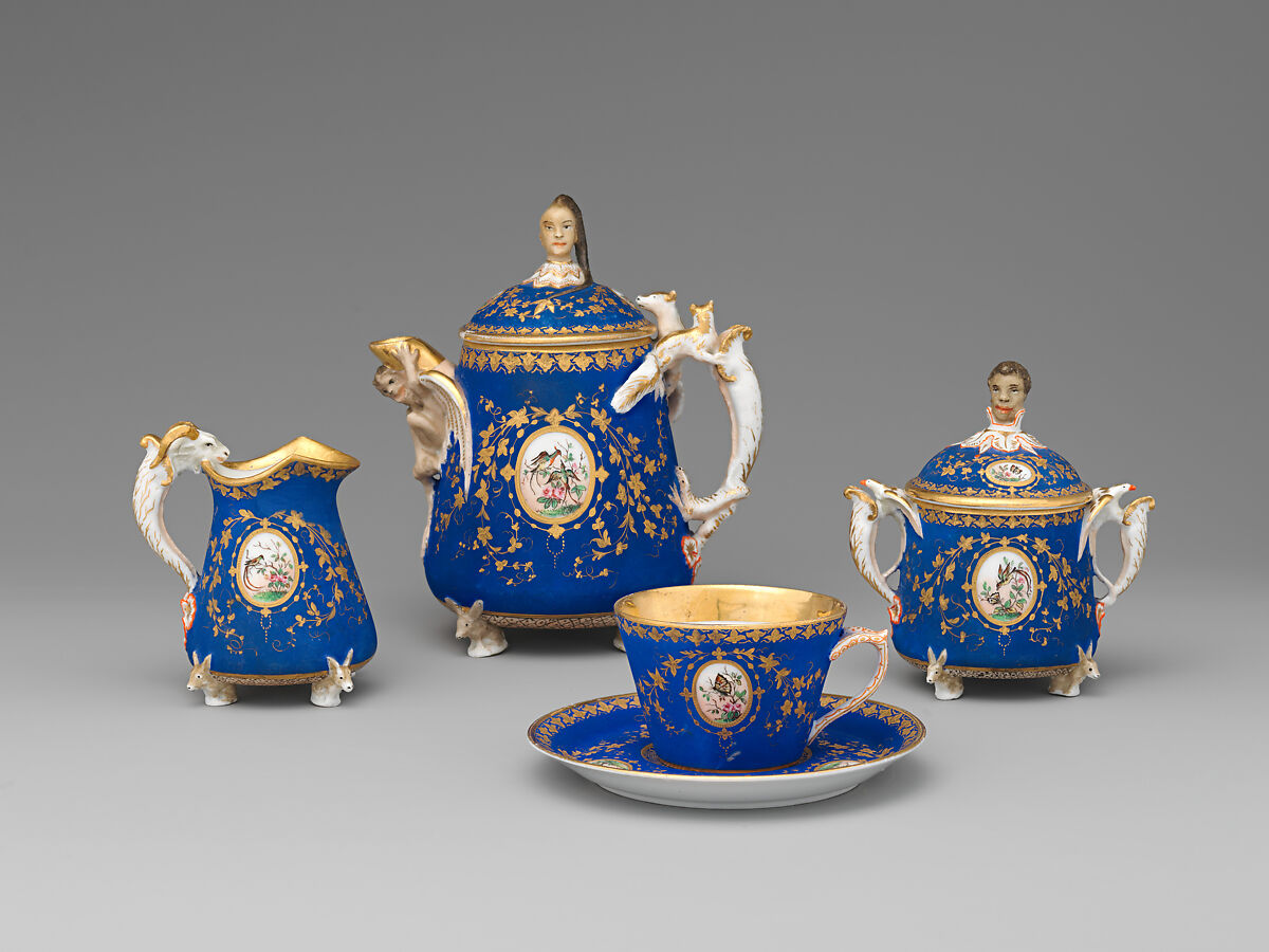 Partial tea set (teapot, sugar bowl, cream pitcher, slop bowl), Union Porcelain Works (American, 1863–1922), Porcelain; allover blue ground with delicate gilded and enamel decoration