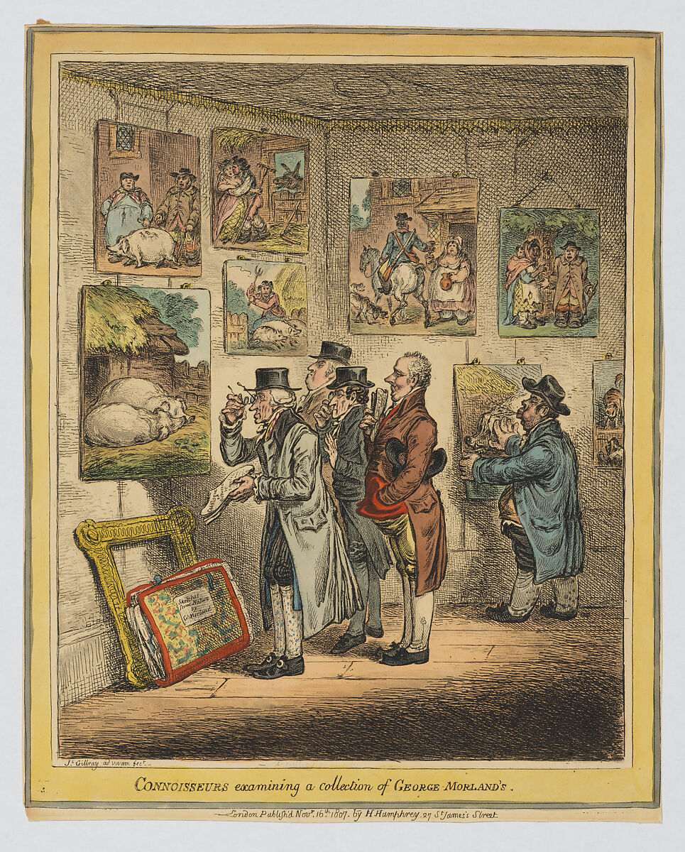 Connoisseurs Examining a Collection of George Morland's, James Gillray (British, London 1756–1815 London), Hand-colored etching and aquatint 