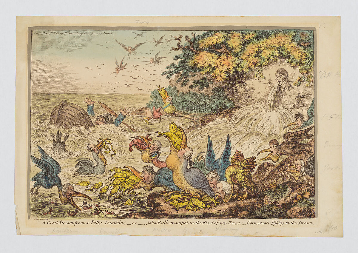 A Great Stream from a Petty Fountain; or John Bull swamped in a Flood of Taxes, James Gillray (British, London 1756–1815 London), Hand-colored etching 