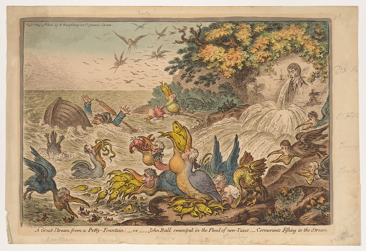 A Great Stream from a Petty Fountain; or John Bull swamped in a Flood of Taxes, James Gillray (British, London 1756–1815 London), Hand-colored etching
