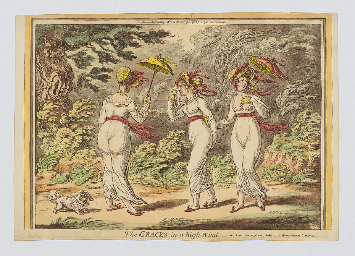 The Graces in a High Wind – a Scene taken from Nature in Kensington Gardens, James Gillray (British, London 1756–1815 London), Hand-colored etching, engraving and aquatint 