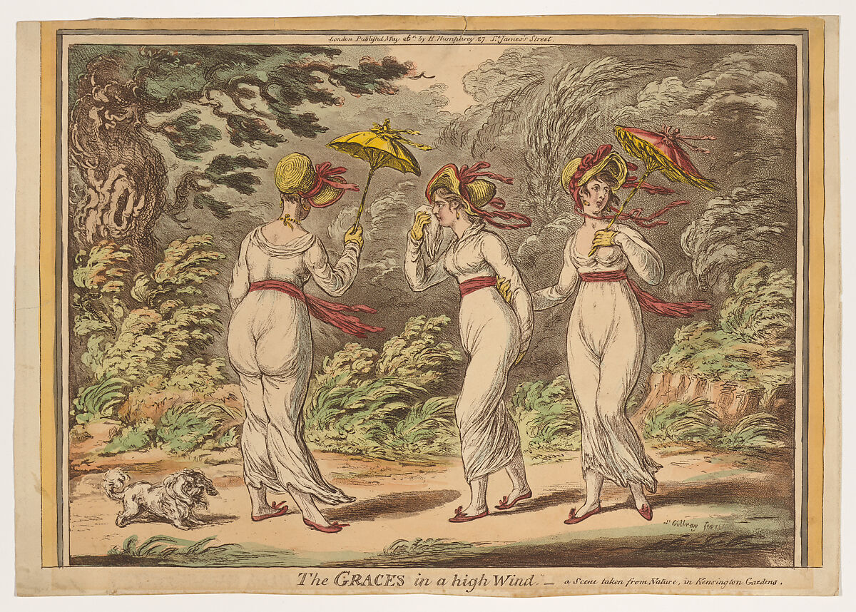 The Graces in a High Wind – a Scene taken from Nature in Kensington Gardens, James Gillray (British, London 1756–1815 London), Hand-colored etching, engraving and aquatint