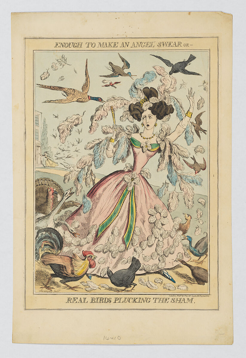 Enough to Make an Angel Swear, or–Real Birds Plucking the Sham, Robert Seymour (British, Somerset 1798–1836 London), Hand-colored etching 