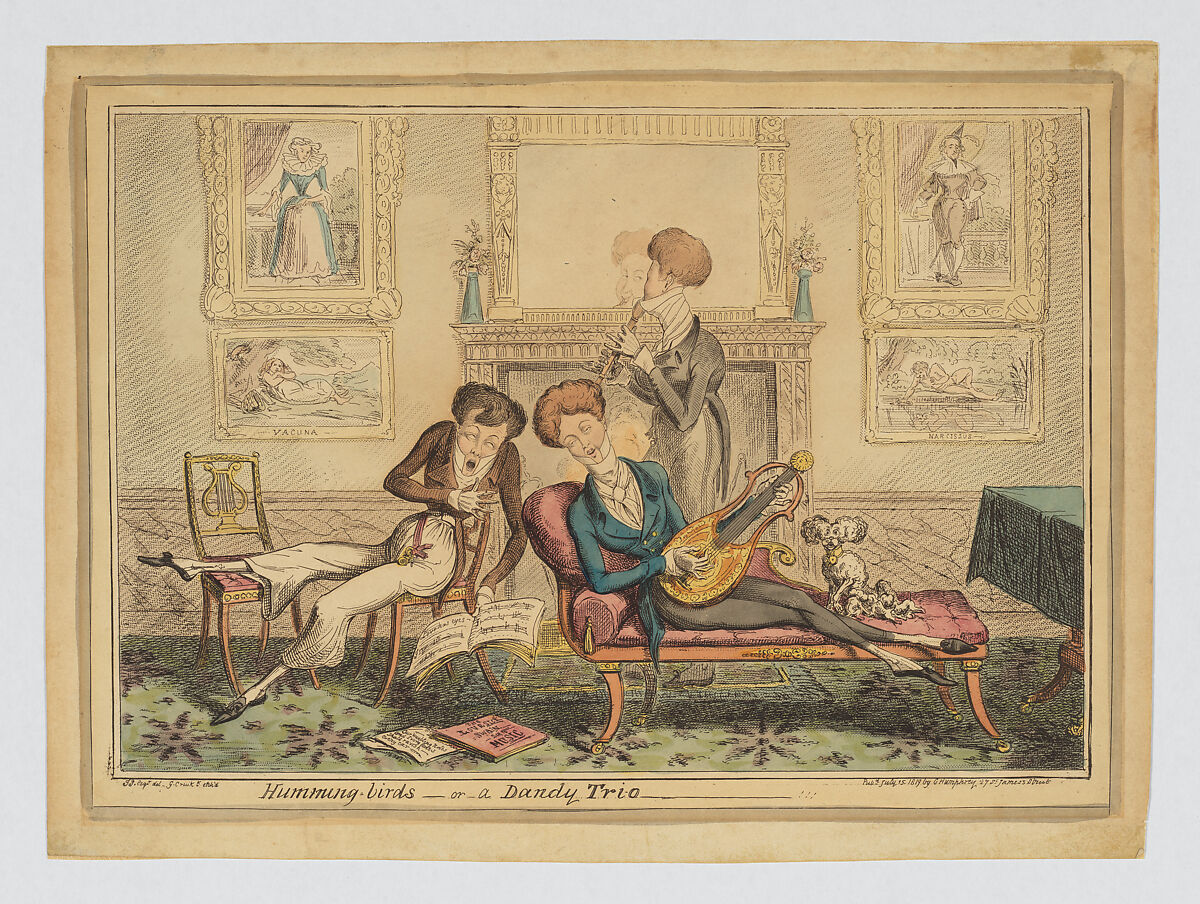 Humming-birds–or–a Dandy Trio, George Cruikshank (British, London 1792–1878 London), Hand-colored etching 