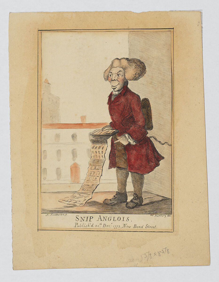 Snip Anglois, James Bretherton (British, active 1750–99), Hand-colored etching 