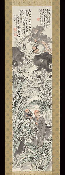 Huaisu Writing on a Banana Leaf, Tomioka Tessai 富岡鉄斎 (Japanese, 1836–1924), Hanging scroll; ink and color on paper, Japan 