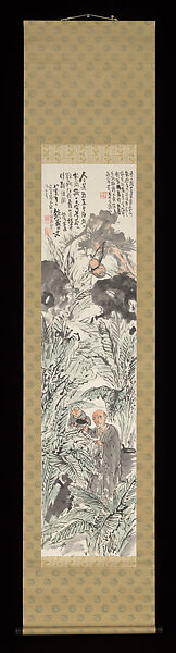 Huaisu Writing on a Banana Leaf, Tomioka Tessai (Japanese, 1836–1924), Hanging scroll; ink and color on paper, Japan