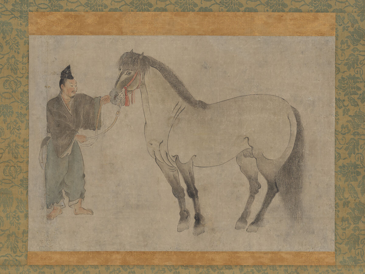 Horse and Groom, Unidentified Artist, Hanging scroll; ink and color on paper, Japan 