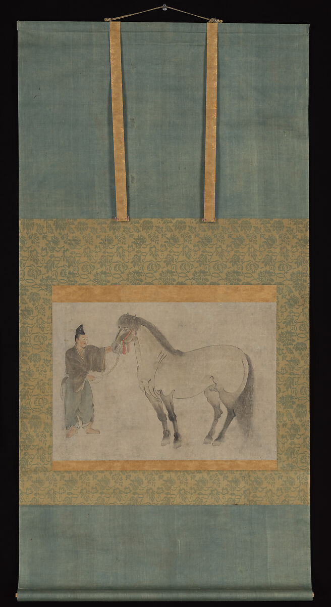 Horse and Groom, Unidentified Artist, Hanging scroll; ink and color on paper, Japan