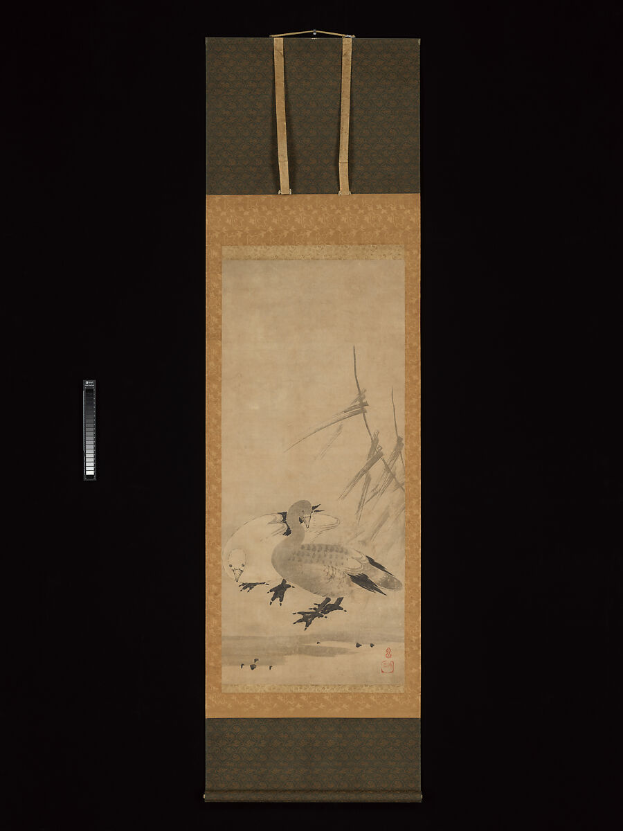 Monk Zhaozhou and Dog, with Geese and Mynah, Unkoku Tōeki (Japanese, 1591–1644), Set of three hanging scrolls; ink on paper, Japan