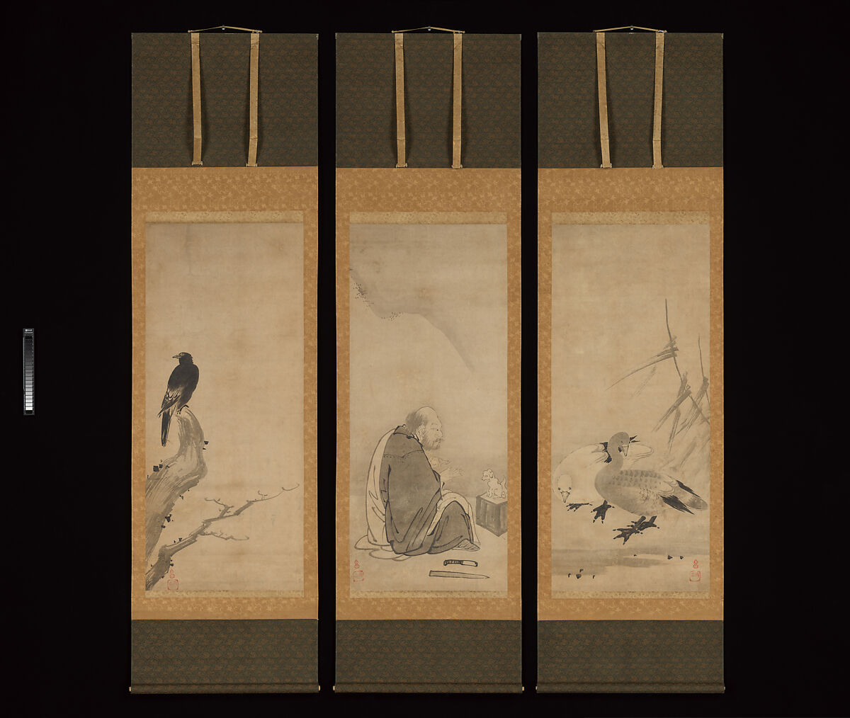 Monk Zhaozhou and Dog, with Geese and Mynah, Unkoku Tōeki (Japanese, 1591–1644), Set of three hanging scrolls; ink on paper, Japan