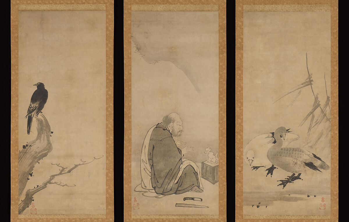 Huineng, the Sixth Patriarch of Zen, with Geese and Myna, Unkoku Tōeki 雲谷等益 (Japanese, 1591–1644), Set of three hanging scrolls; ink on paper, Japan 