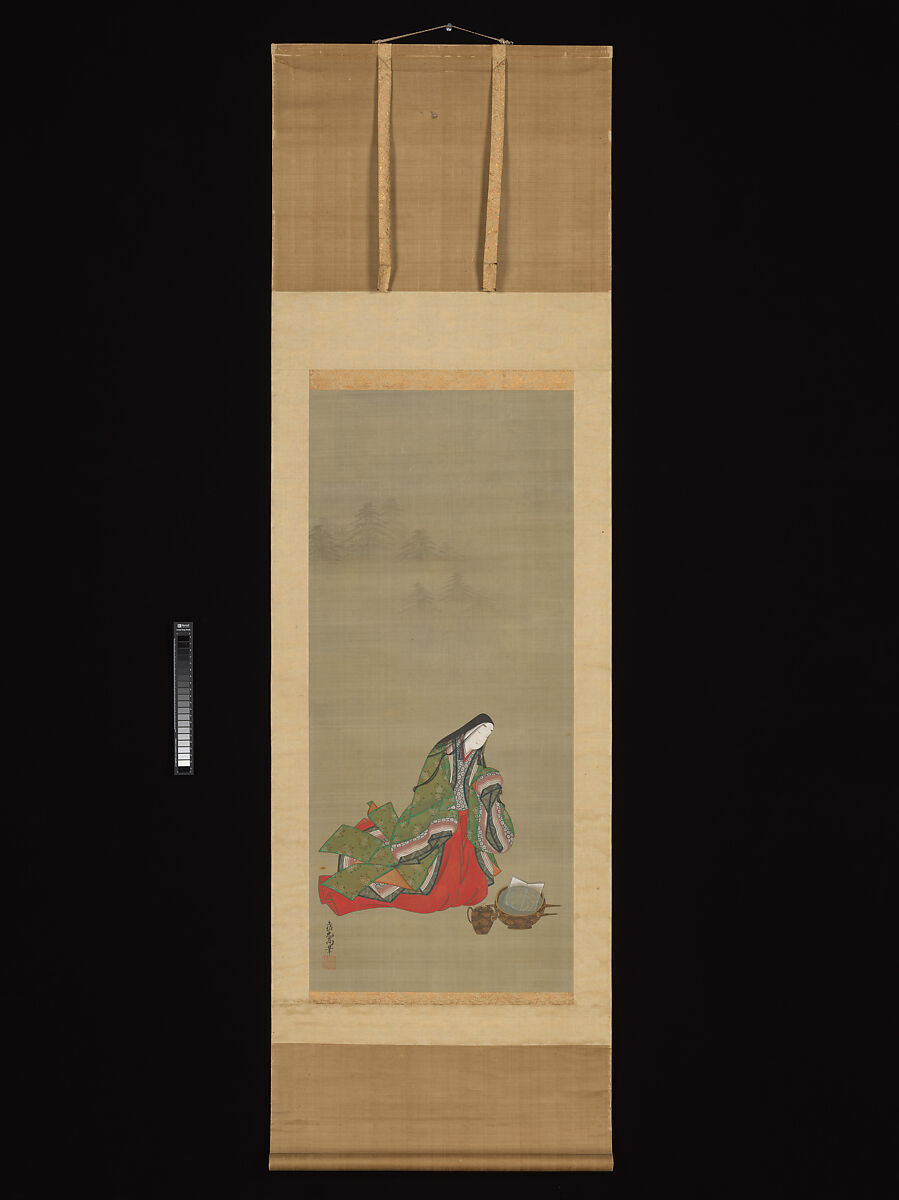Portraits of Three Famous Poets: Kakinomoto no Hitomaro, Lady Ise, and Ono no Komachi, Tosa Mitsuoki (Japanese, 1617–1691), Triptych of hanging scrolls: ink, color, gold and silver on silk, Japan