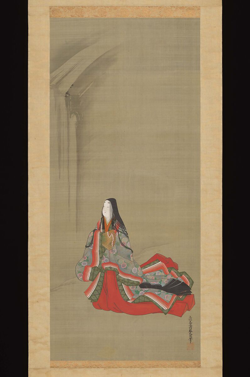 Portraits of Three Famous Poets: Kakinomoto no Hitomaro, Lady Ise, and Ono no Komachi, Tosa Mitsuoki (Japanese, 1617–1691), Triptych of hanging scrolls: ink, color, gold and silver on silk, Japan