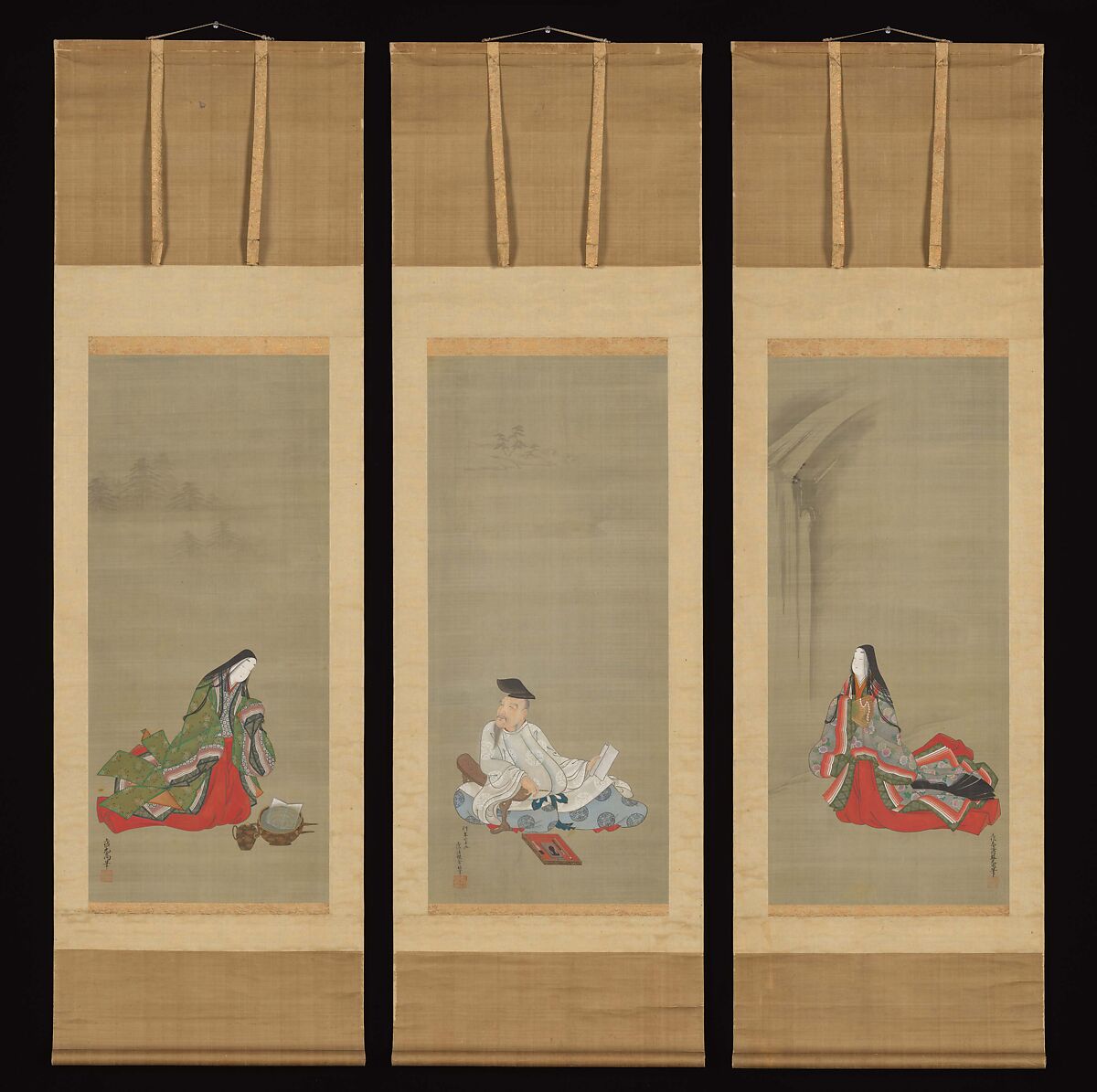 Portraits of Three Famous Poets: Hitomaro (M) ・Ise (R) ・Komachi (L), Tosa Mitsuoki 土佐光起 (Japanese, 1617–1691), Triptych of hanging scrolls: ink, color, gold and silver on silk, Japan 
