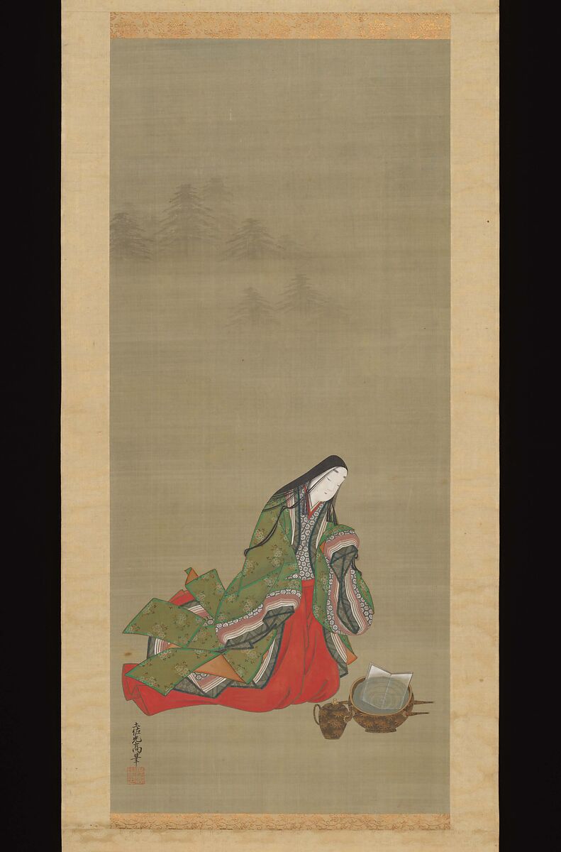 Portraits of Three Famous Poets: Kakinomoto no Hitomaro, Lady Ise, and Ono no Komachi, Tosa Mitsuoki (Japanese, 1617–1691), Triptych of hanging scrolls: ink, color, gold and silver on silk, Japan