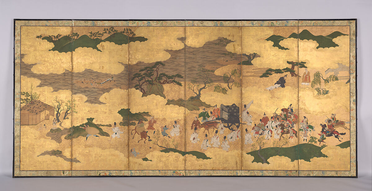 Sugawara Michizane Traveling to Dazaifu, Unidentified Artist, Six-panel folding screen; ink and color on gold-leaf paper, Japan 