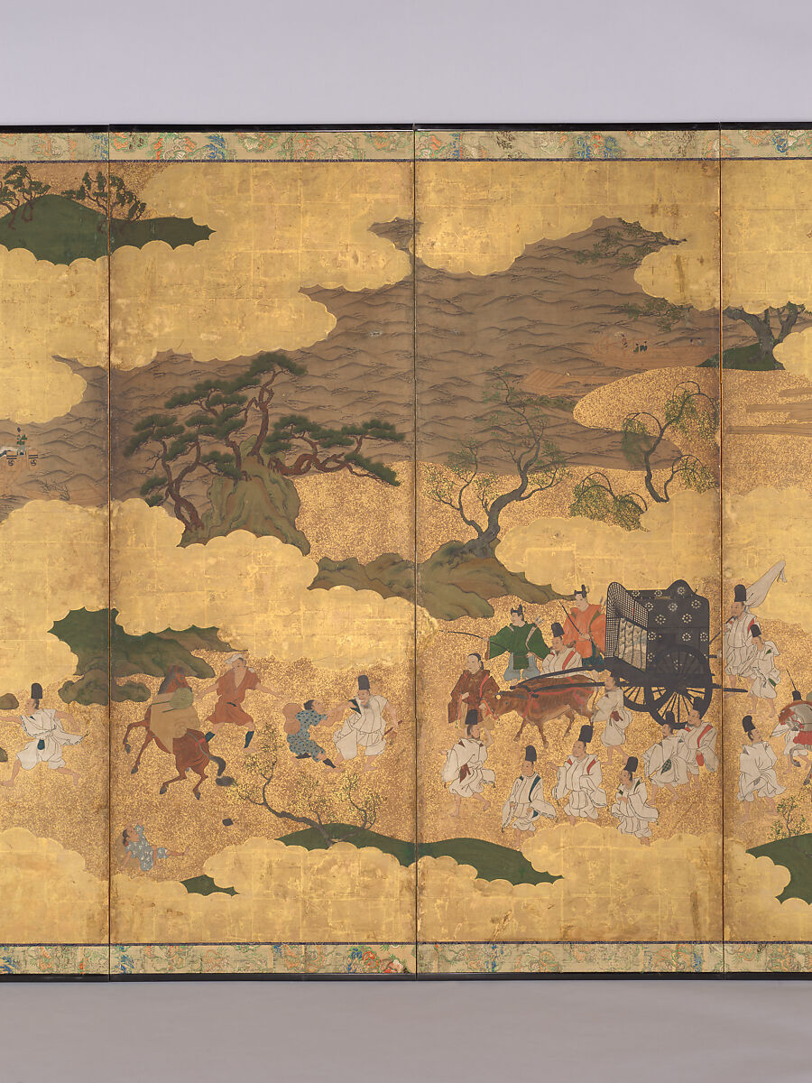 Sugawara no Michizane Being Exiled to Dazaifu, Unidentified Artist, Six-panel folding screen; ink, color, and gold leaf on paper, Japan