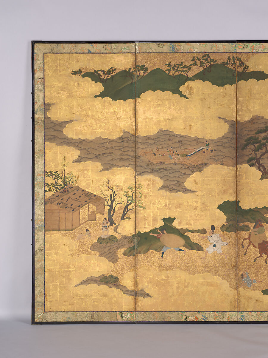 Sugawara no Michizane Being Exiled to Dazaifu, Unidentified Artist, Six-panel folding screen; ink, color, and gold leaf on paper, Japan