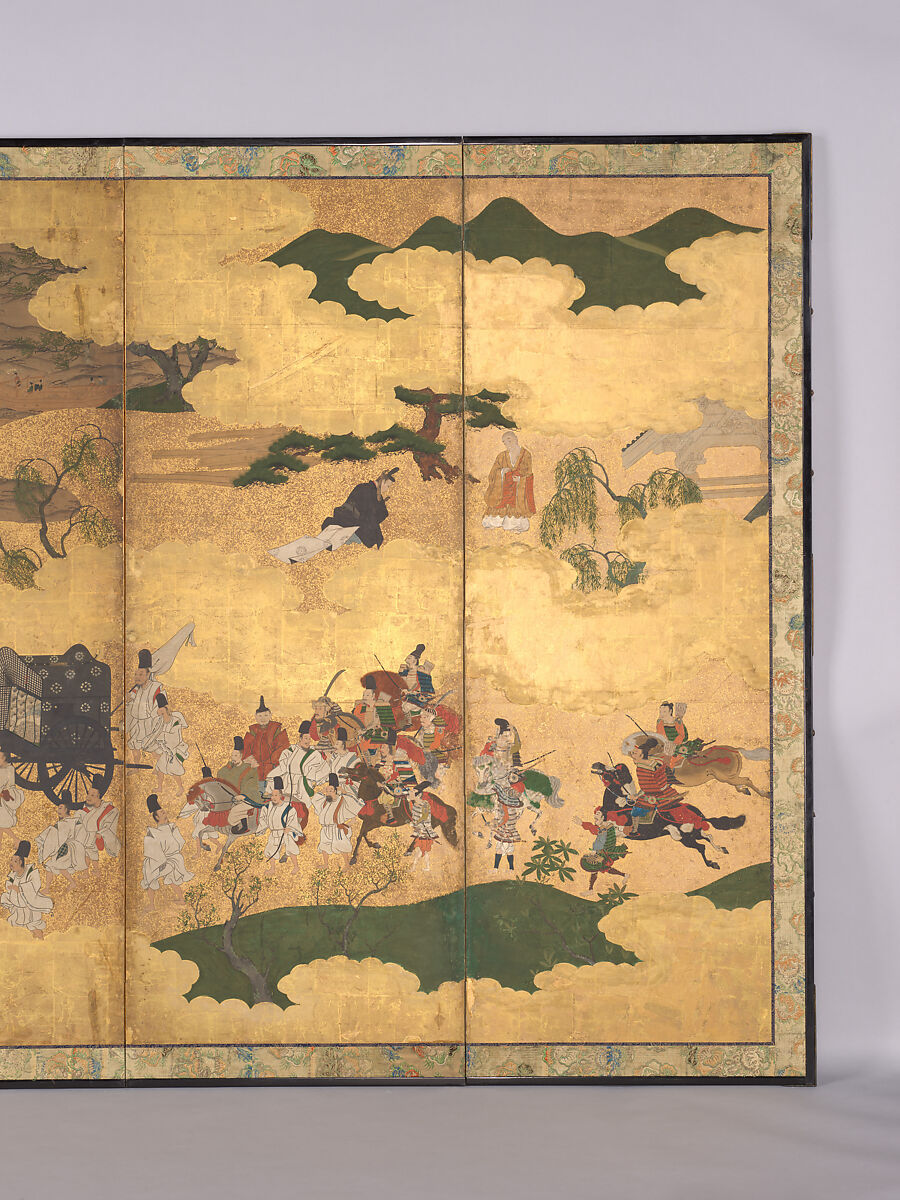 Sugawara no Michizane Being Exiled to Dazaifu, Unidentified Artist, Six-panel folding screen; ink, color, and gold leaf on paper, Japan