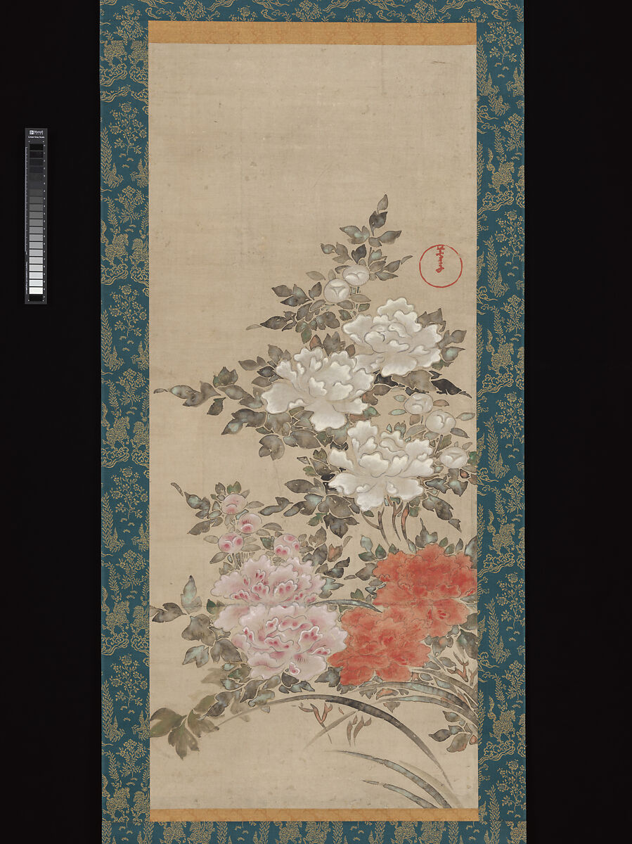 Peonies, Fukae Roshū 深江蘆舟 (Japanese, 1699–1757), Panel of a folding screen remounted as a hanging scroll; ink, color and gold on paper, Japan 