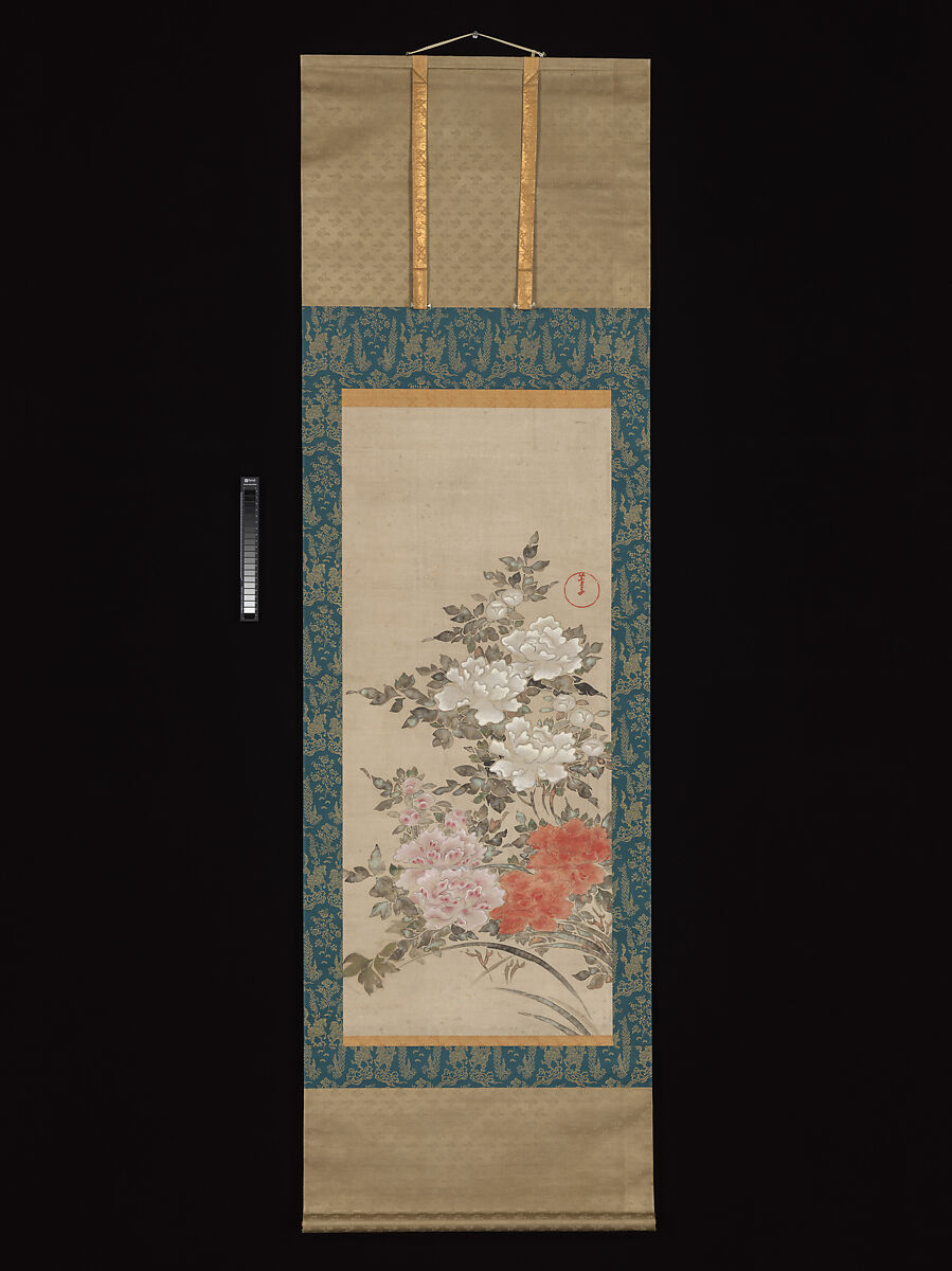 Peonies, Fukae Roshū 深江蘆舟 (Japanese, 1699–1757), Panel of a folding screen remounted as a hanging scroll; ink, color and gold on paper, Japan
