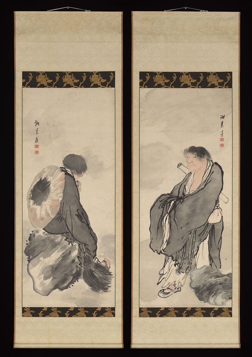 Hanshan and Shide, Yosa Buson (Japanese, 1716–1783), Diptych of hanging scrolls; ink and color on paper, Japan