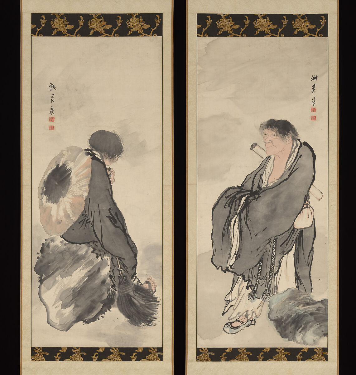 Hanshan and Shide, Yosa Buson 与謝蕪村 (Japanese, 1716–1783), Pair of hanging scrolls; ink and color on paper, Japan 