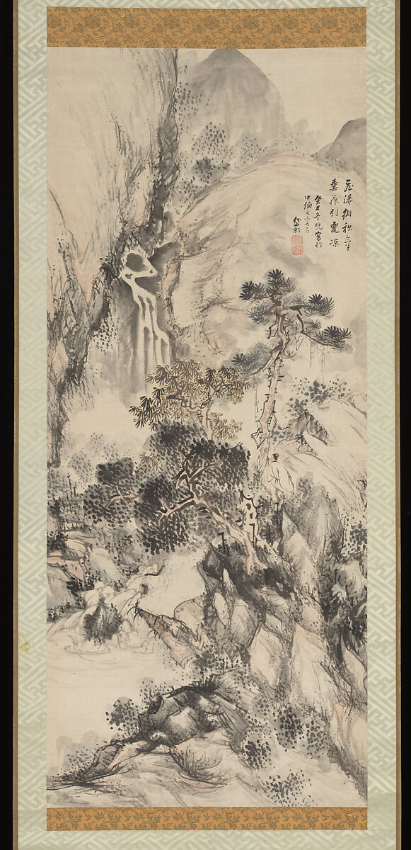 Viewing a Waterfall, Kushiro Unsen 釧雲泉 (Japanese, 1759–1811), Hanging scroll; ink and color on paper, Japan 