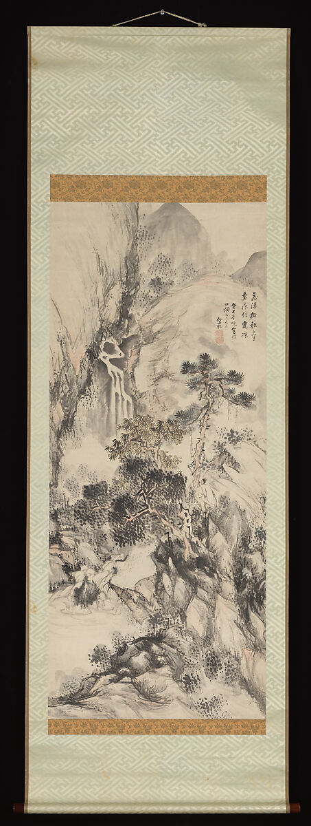Viewing a Waterfall, Kushiro Unsen 釧雲泉 (Japanese, 1759–1811), Hanging scroll; ink and color on paper, Japan
